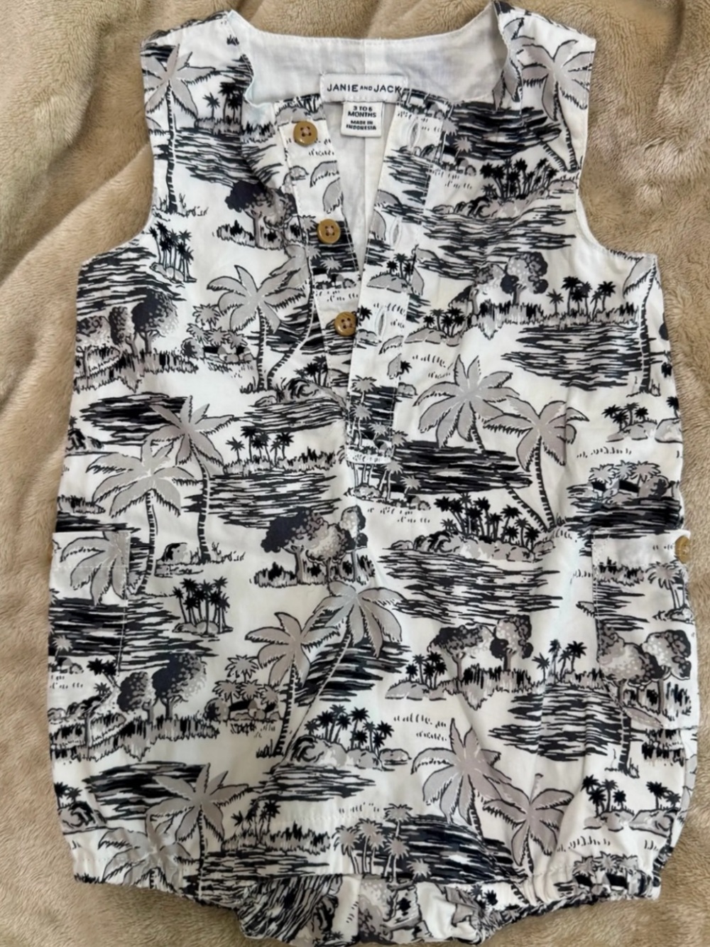 Janie and Jack Black and White Tropical Print Sleeveless Romper